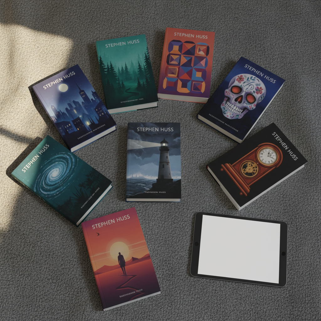 A cozy reading nook scene captured in photographic realism: eight books by Stephen Huss subtly implied through their diverse, non-textual cover art, arranged in a semi-circle on a soft heather-gray wool blanket. Each cover bears a different style of illustration—mysterious night city, quiet forest, conceptual shapes, and other narrative hints—without any readable titles. A minimalist tablet device rests nearby, its blank, softly glowing screen symbolizing online purchase options without showing logos or text. Warm late-afternoon sunlight filters in from an unseen window, casting gentle, elongated shadows and creating an inviting, sophisticated atmosphere. Shot from a slightly elevated angle with a balanced composition, the image conveys discovery and curated selection for a book portfolio site.