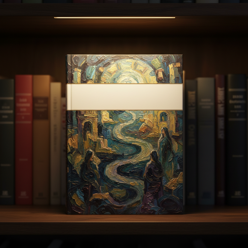 A single, prominently displayed hardcover book standing upright on a dark walnut shelf, its dust jacket featuring an abstract, painterly illustration suggestive of an intricate literary story, with a blank, luminous title band that implies a sophisticated book by Stephen Huss without actual text. Behind it, a subtle row of blurred, differently colored book spines hints at a larger collection. Warm, directional library-style lighting casts a golden glow on the cover, emphasizing texture and depth while leaving the background in soft shadow. The composition is centered at eye level with a shallow depth of field, creating an intimate, contemplative mood in photographic realism, ideal as a hero image for an individual book detail page.