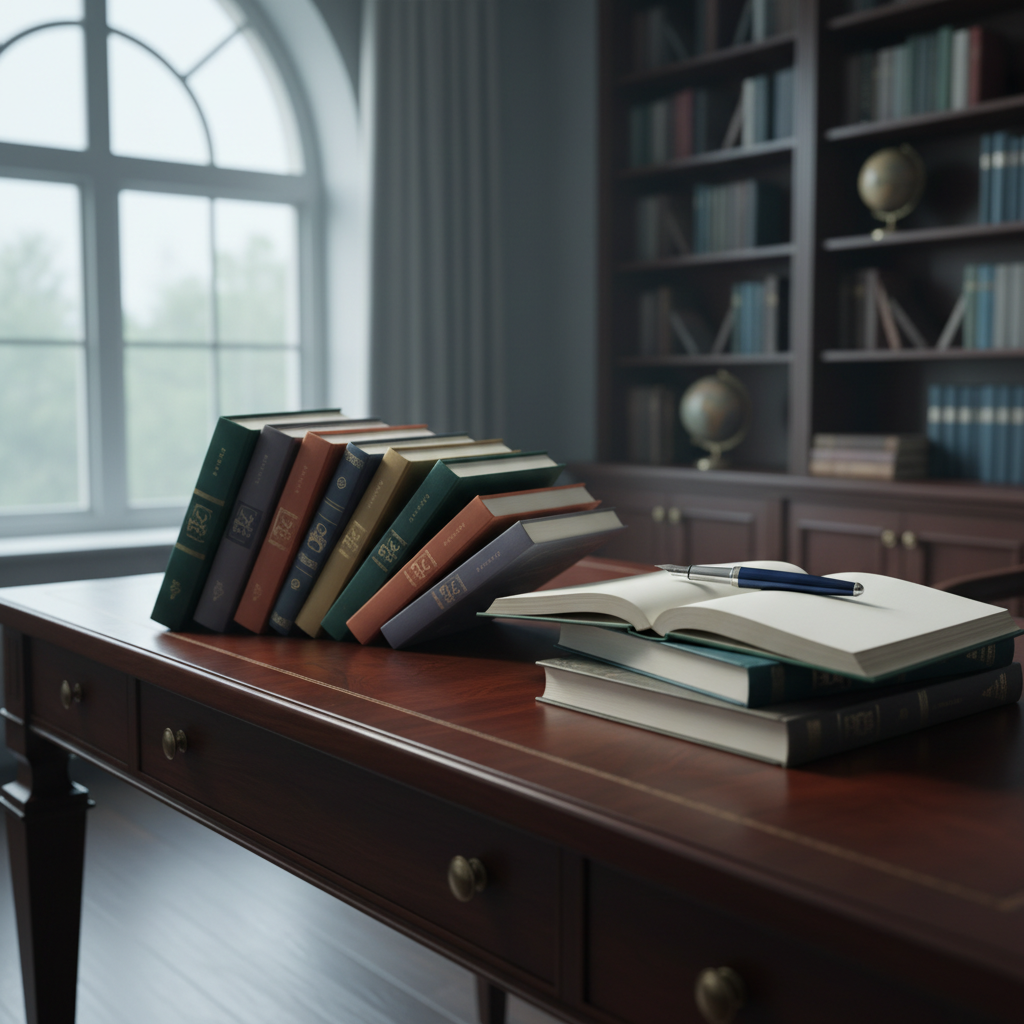 An elegant writing desk in a quiet study, photographed at a three-quarter angle, featuring a neat stack of eight diverse books fanned slightly so each unique cover design and spine color is visible. The top book lies open to a blank spread, suggesting summaries and descriptions without showing text, with a refined fountain pen resting across the pages. A muted, abstract illustration on the visible covers hints at Stephen Huss’s imaginative narratives. Cool, overcast window light enters from the left, creating soft, even illumination and delicate shadows. The atmosphere is sophisticated and introspective, with a photographic realism style, balanced composition, and gentle background blur showing indistinct bookshelves to suggest a broader portfolio.