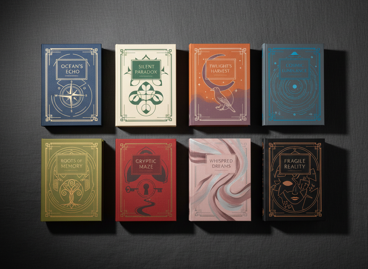 A sophisticated overhead photographic view of eight distinct hardcover books arranged in a precise grid on a deep charcoal linen surface, each cover featuring a different elegant, fictional title design, color palette, and minimalist illustration. Subtle, non-readable title blocks and abstract motifs hint at genres ranging from literary fiction to speculative mystery without using real text. Soft, diffused studio lighting from the upper left creates gentle highlights along the book spines and delicate shadows between them. The mood is refined and intellectual, conveying the breadth of Stephen Huss’s portfolio. Shot with sharp focus throughout for clarity and symmetry, in a clean, modern photographic realism style suitable for a professional book portfolio homepage.