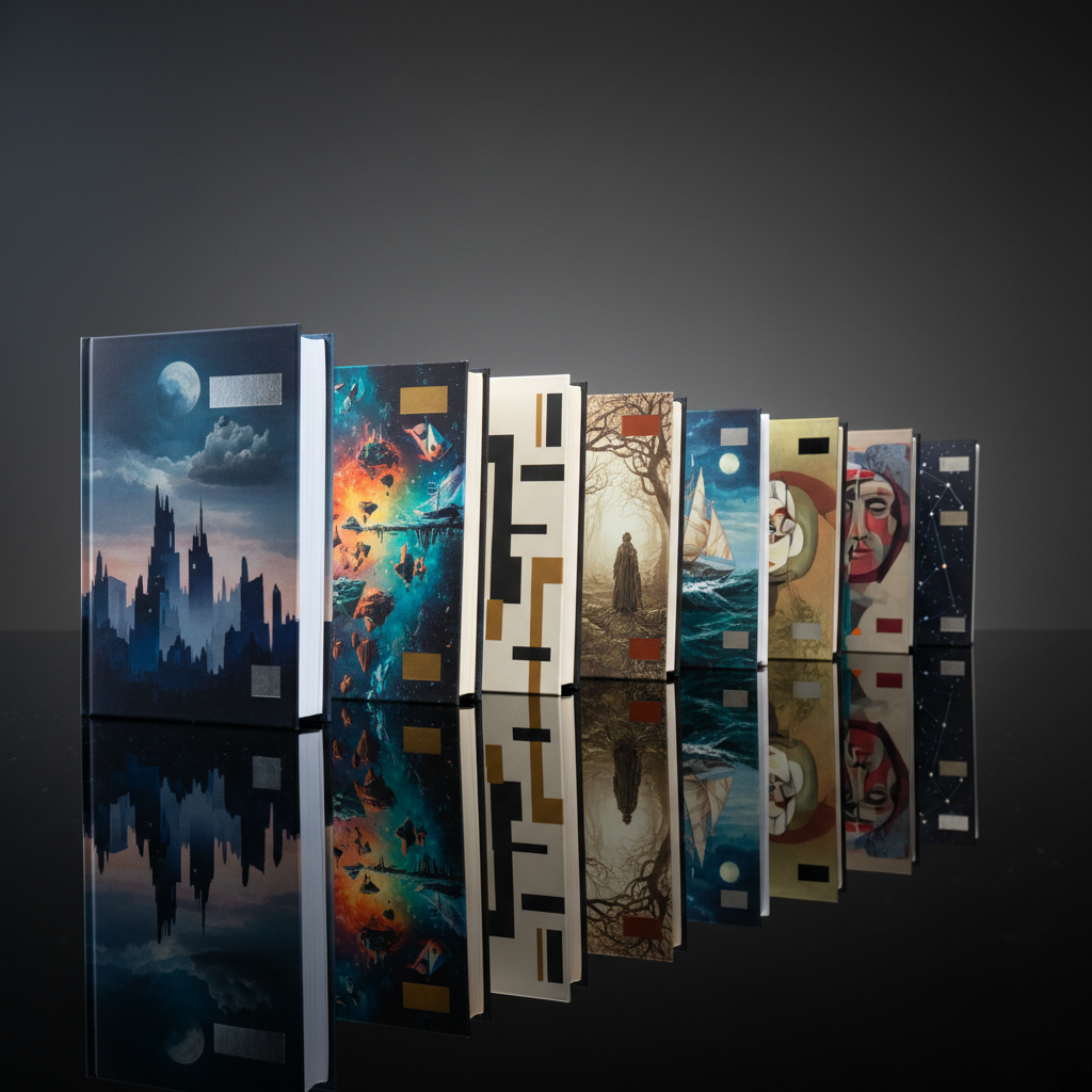 A polished black glass tabletop reflecting a carefully spaced line of four hardcovers and four paperbacks, each with a distinct, artful, fictional cover design that hints at different Stephen Huss titles: one with a moody skyline, another with a surreal landscape, a third with minimalist geometric forms, and others with subdued, story-like imagery. No actual readable text appears, only shapes suggesting title blocks. Cool, controlled studio lighting from both sides creates elegant reflections and crisp edges, emphasizing the physicality of the books. The camera is positioned at a low, cinematic angle so the books recede into the distance, creating depth and a sleek, modern, sophisticated mood in photographic realism, ideal for showcasing portfolio variety.